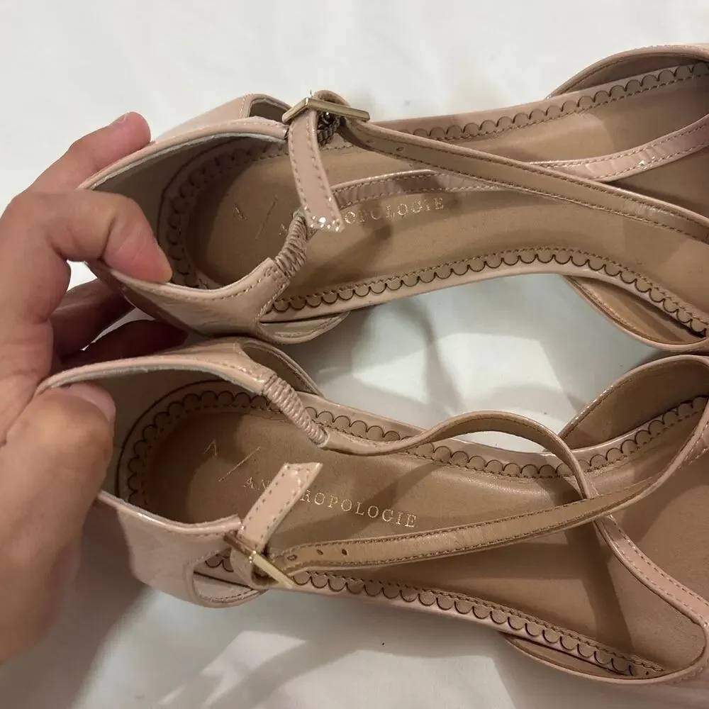 Anthropologie Women 9.5 Leather Cross Strap Flat Shoes Nude Neutral Pink Pointed